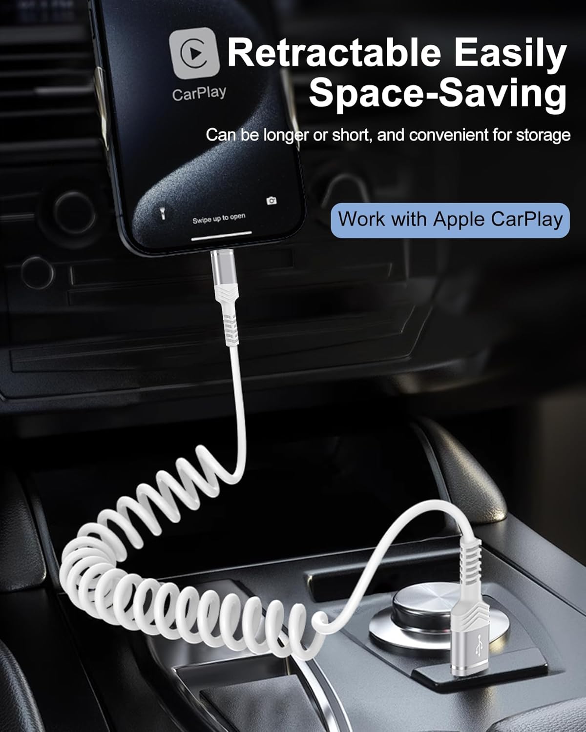 Coiled USB-C Car Cable, 2-Pack USB-A to USB-C for Apple CarPlay & Android Auto, Short Retractable Car Charging Cord Fast Charging for iPhone 17e/16/15 Pro, Galaxy S26/S25/S24/S23, Pixel 10/9, OnePlus