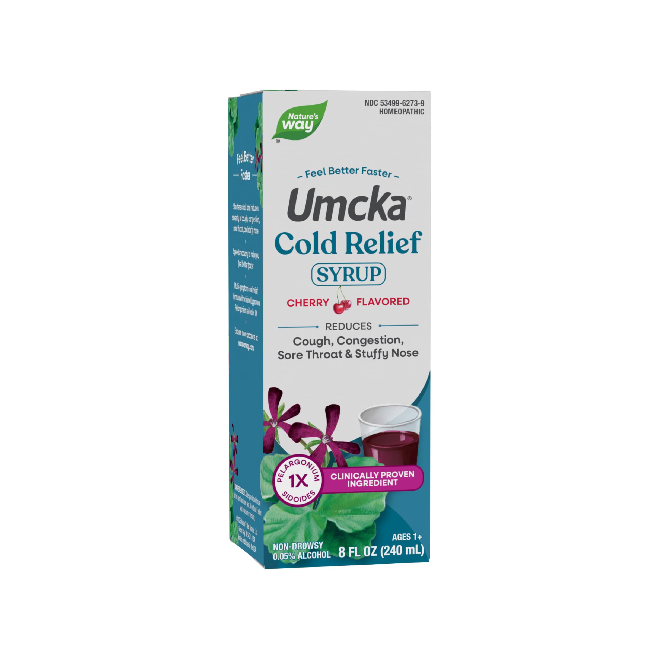 Nature's Way Cold Relief Syrup, Umcka, Shortens Duration & Reduces Severity, Multi-Symptom Cold Relief, Homeopathic, Phenylephrine Free, Non-Drowsy, Cherry Flavored, 8 Fl Oz (Packaging May Vary)