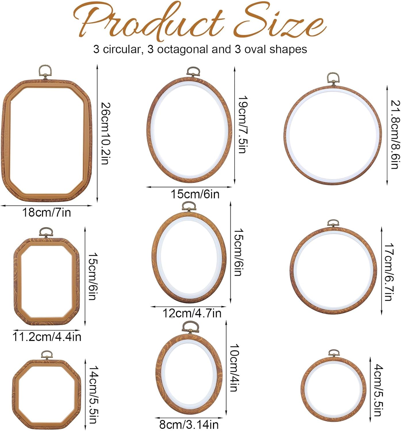 9 Pcs Embroidery Hoops Set Decorative Imitated Wood Display Cross Stitch Frame Circle Oval Octagonal Embroidery Frame Cross Stitch Hoop for DIY Craft Art Sewing Hanging Ornaments