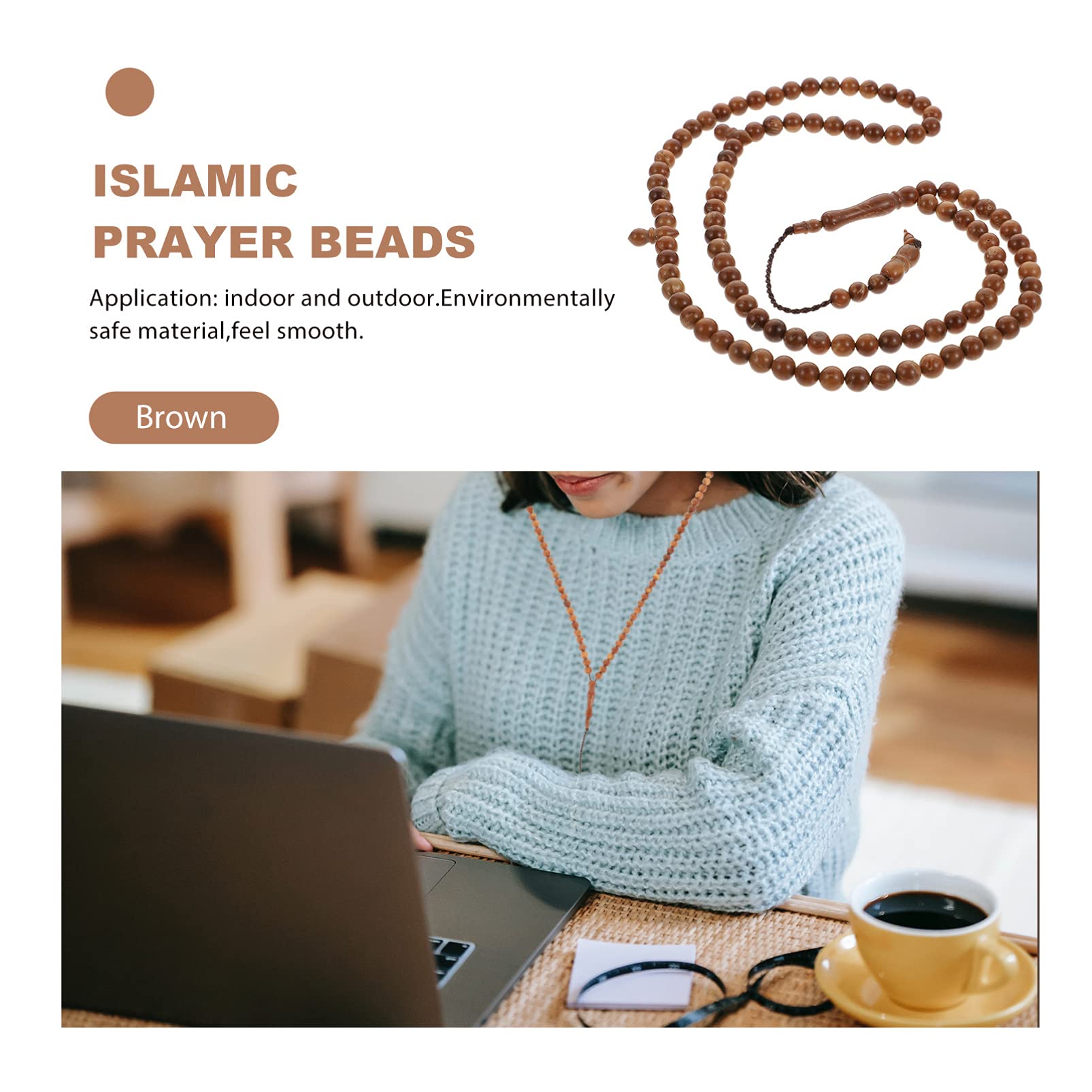 BESPORTBLE Collar de oración del Islam Masbaha 99 perlas de madera auténticas de Indonesia, cuentacasos, cuentas de zigzar, cuentas de oración, rosario, musulmanes, tasbih Misbaha, 6 mm