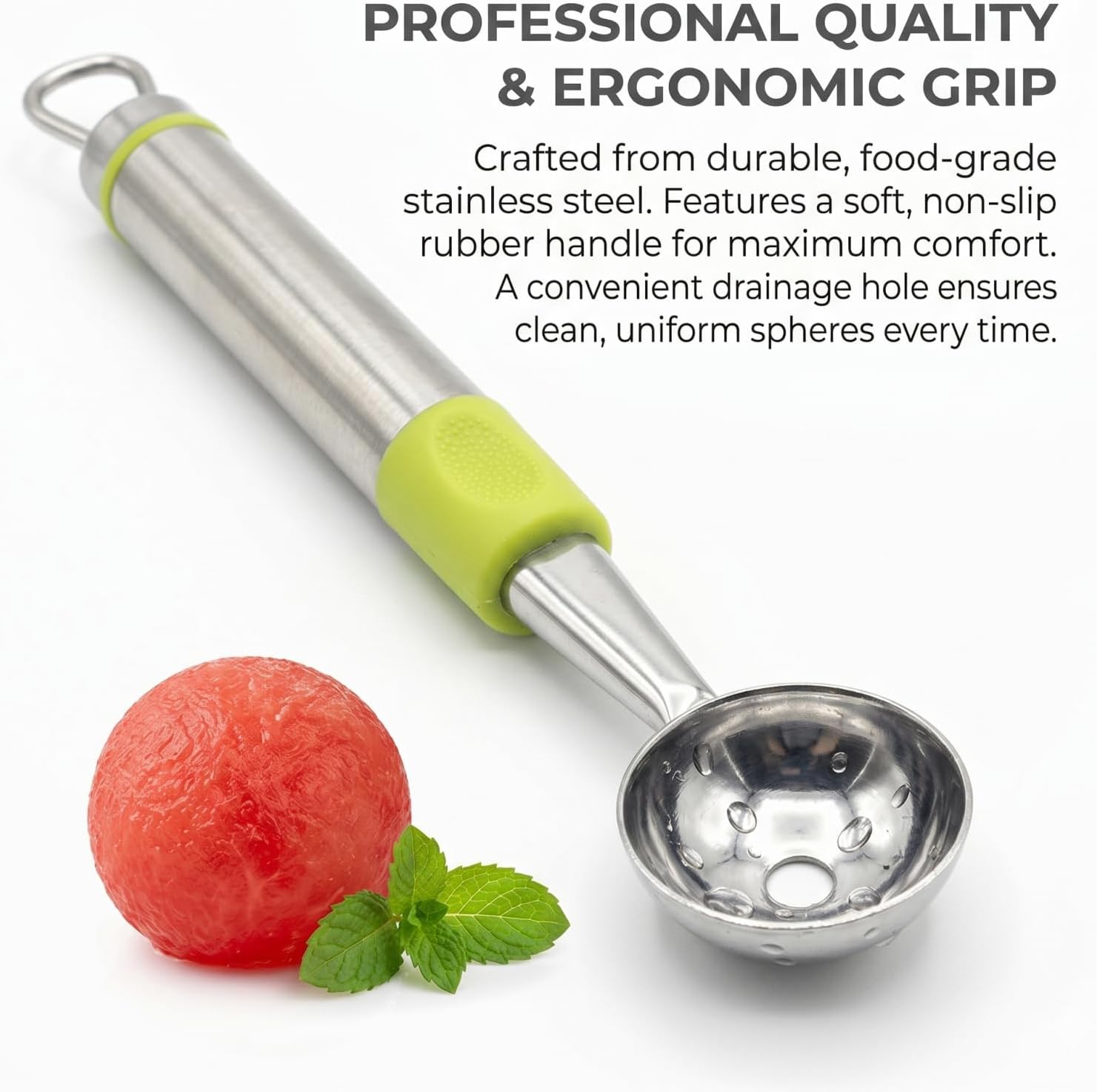 7.8 Inch Melon Baller Scoop - Watermelon Cutter Slicer Tool, Fruit Slicing Spoon - Green, Stainless Steel