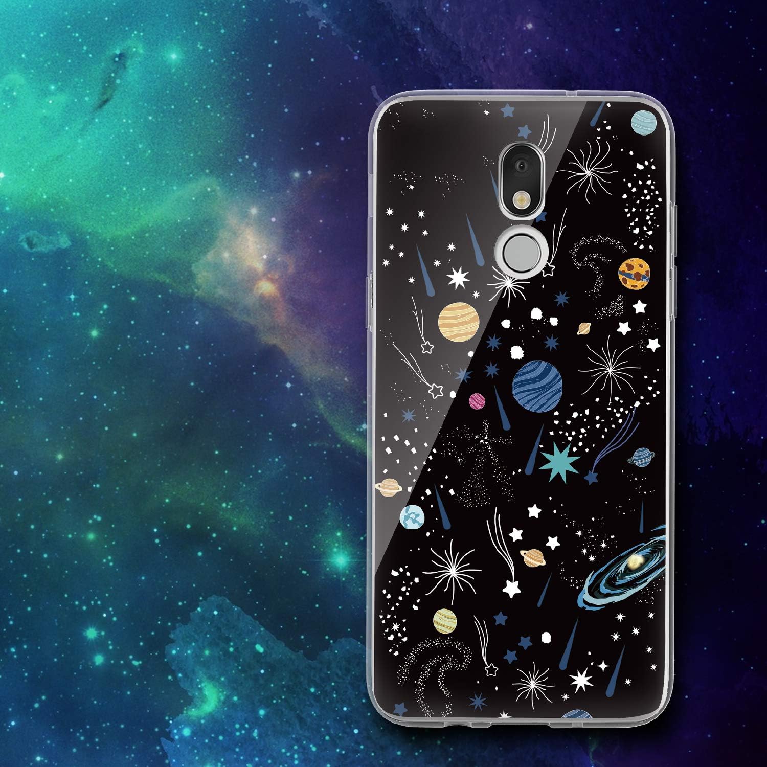 TJS Phone Case Compatible with LG Aristo 4,Aristo 4 Plus +,Escape Plus,K30 2019,Arena 2,Tribute Royal,Journey LTE,[Full Coverage Tempered Glass Screen Protector] Color Design Transparent (Universe)