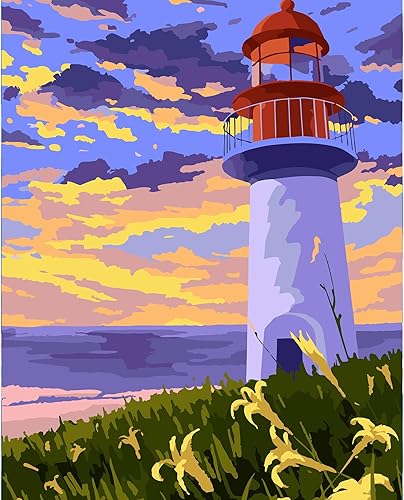 QUITEDEW Kit de pintura de faro por números, pintura por números, paisaje marino para adultos principiantes, pintura con pintura acrílica sobre