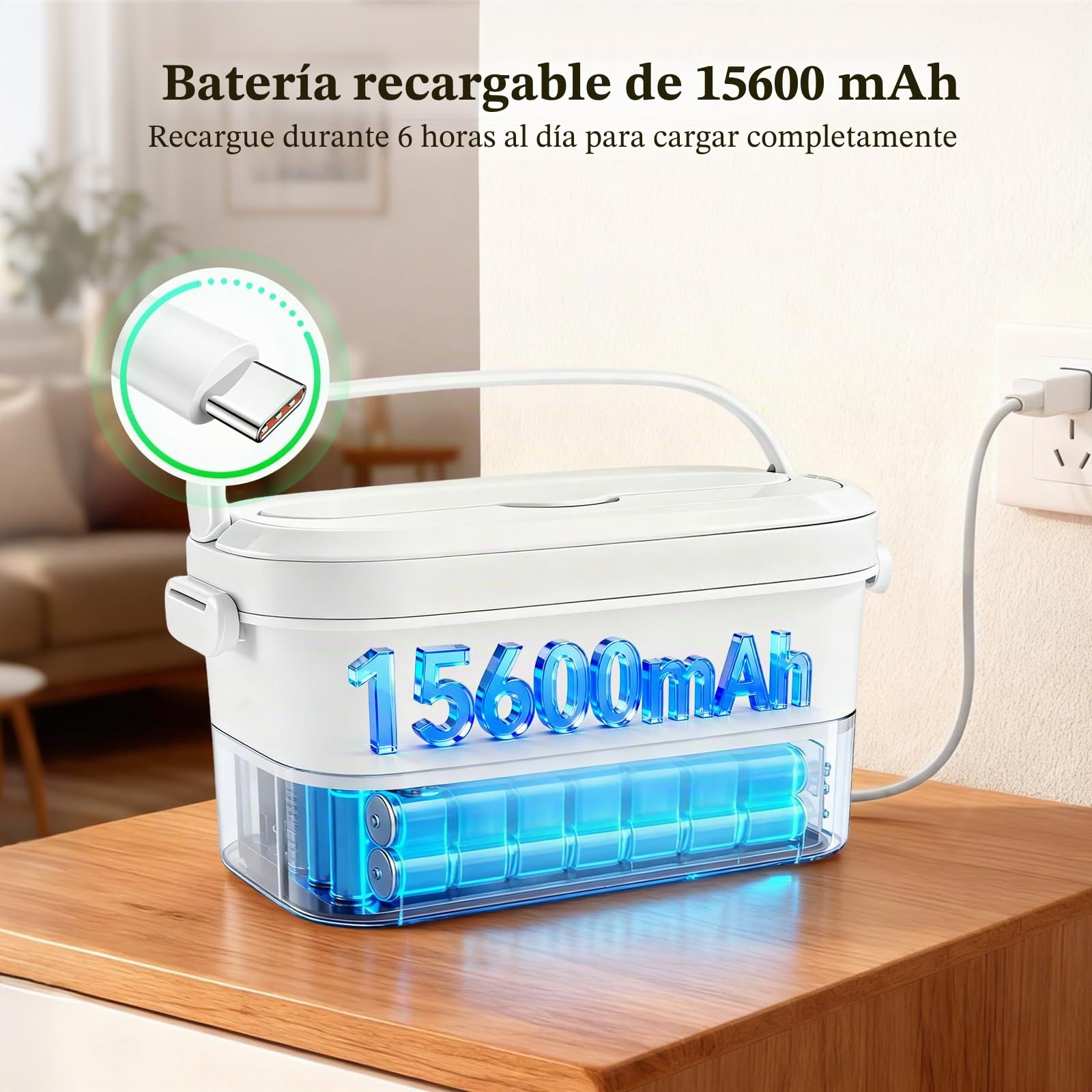 Fiambrera eléctrica inalámbrica con Cubiertos y Bolsa, Recargable por USB, Fiambrera a Prueba de Fugas con batería de 15600 mAh, 1,5 L, Cuenco Calefactor para Viajes, Oficina, Picnic