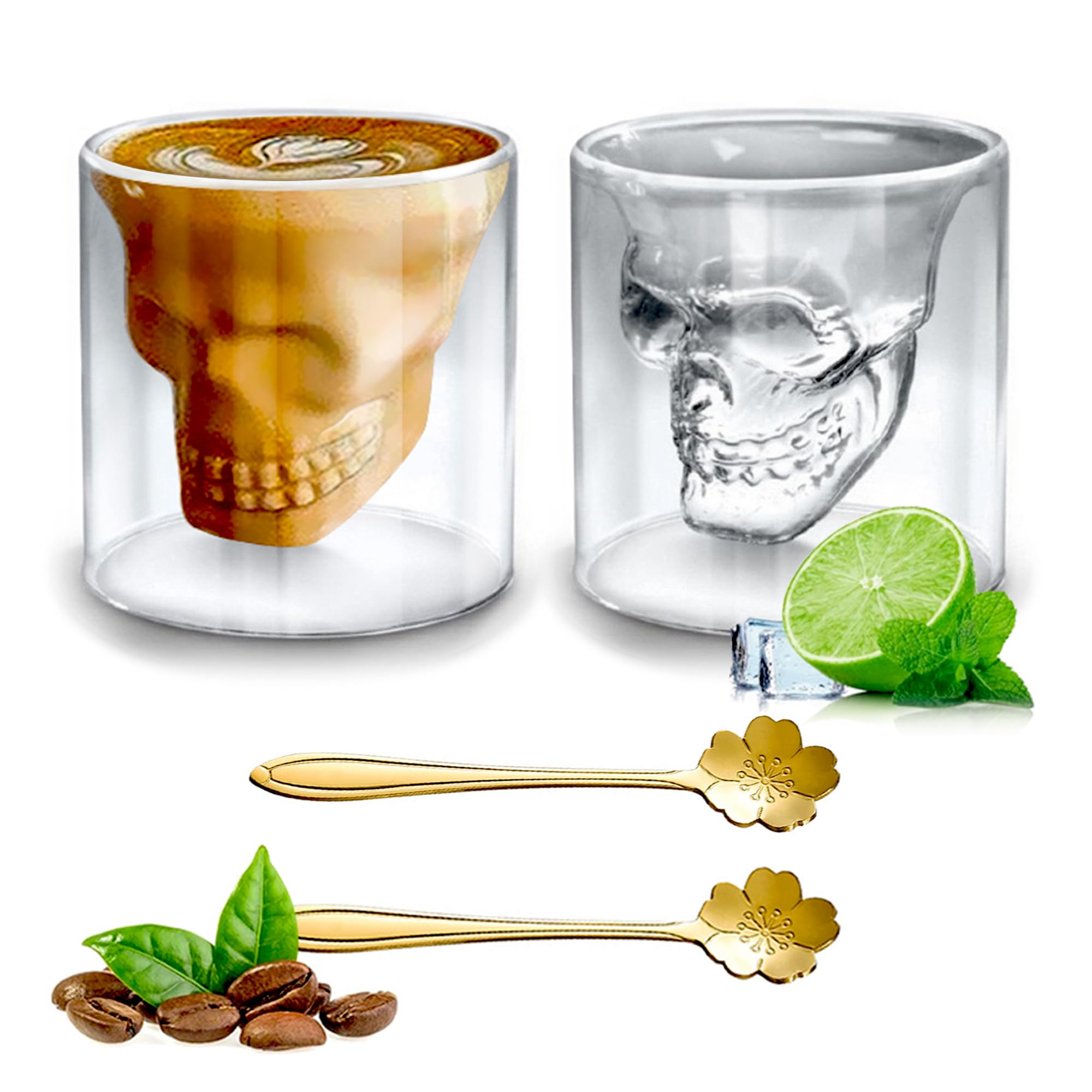 BITEFU Set Bicchieri A Teschio In Vetro A Doppia Parete - 3 Bicchieri 250ml Con Stampo Ghiaccio 3D, Cucchiai Dorati E Imbuti - Regalo Originale