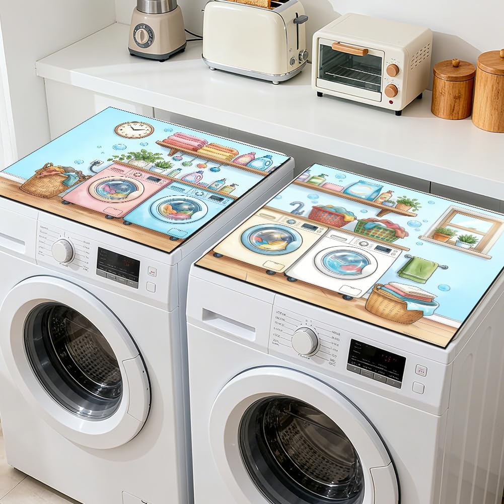 GLOBLELAND 2 Pcs Cartoon Laundry Washer Dryer Dust Cover 23.6×23.6 inch Laundry Room Washing Machine Top Protector Pads Non Slip Washing Machine Top Covers for Living Room Kitchen