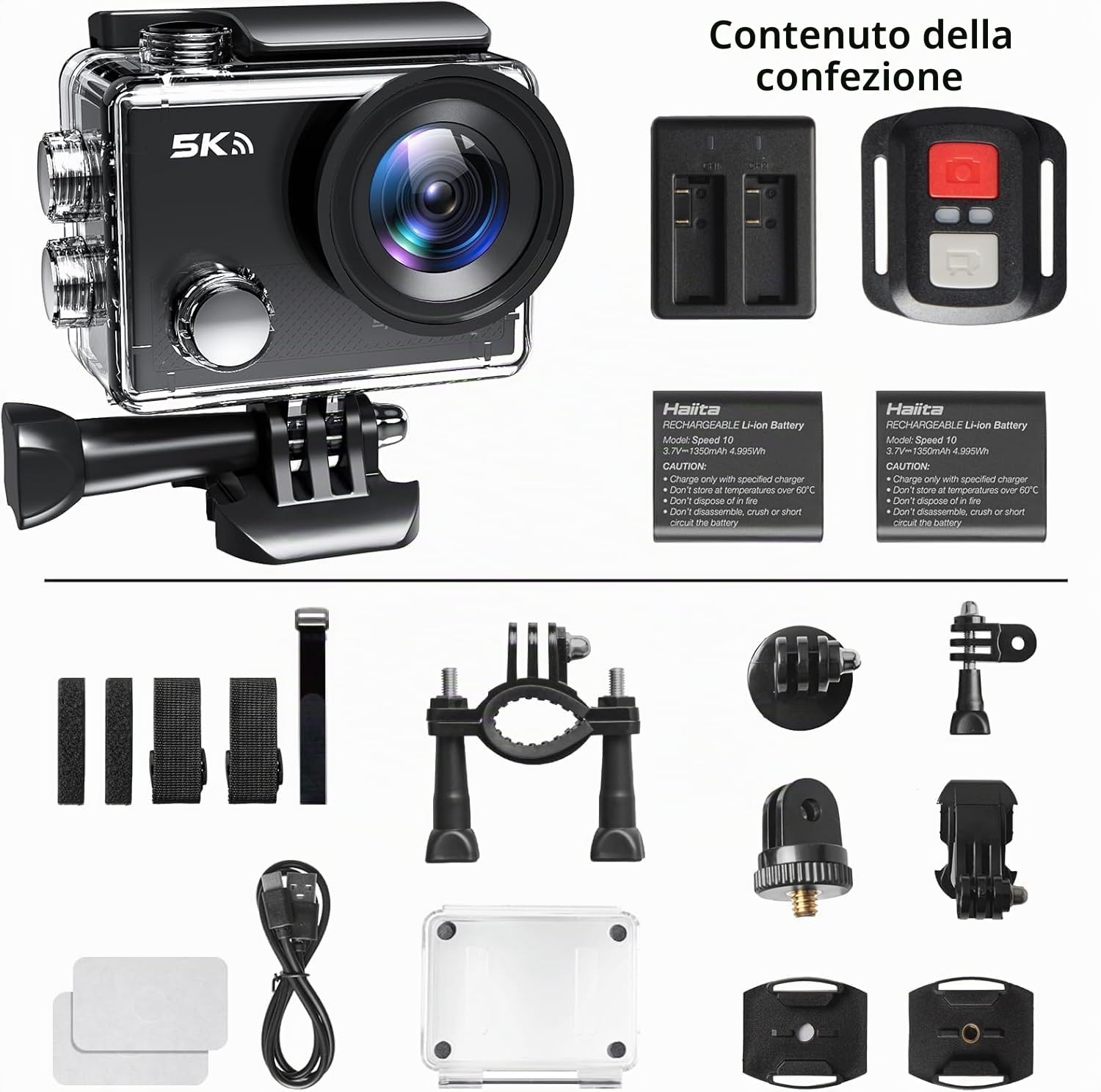 Speed 10 Action Cam,64 GB videocamera sportiva 5K a 30 FPS, 30 MP impermeabile fino a 40 m, Wi-Fi, ultra grandangolo 170°, Action Camera Ice, zoom 5x con telecomando e 2 batterie da 1350 mAh