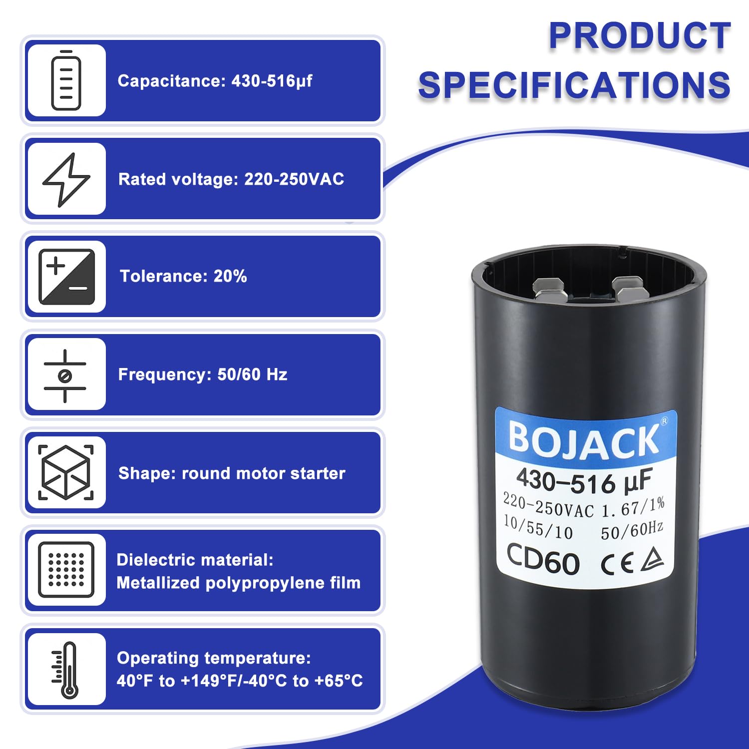 BOJACK 430-516 uF/MFD 220-250 VAC Universal Round Start Capacitor 50/60 Hz Electric Replacement Parts