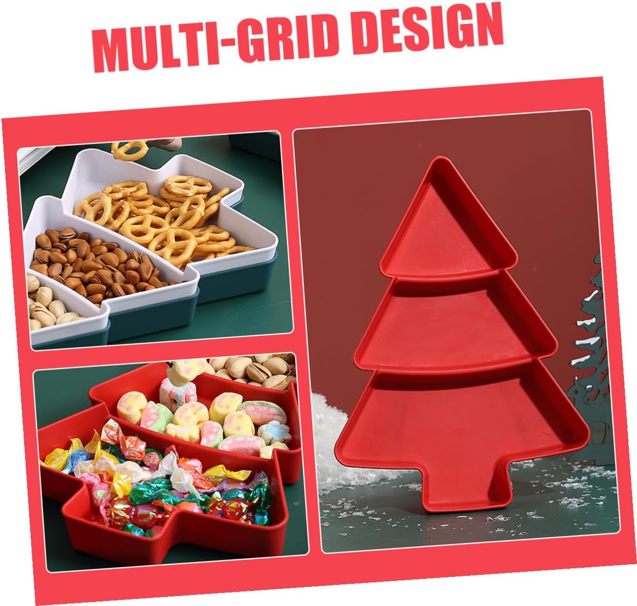 Christmas Tree Snack Tray 2pcs Set, Three-compartment Snack and Appetizer Plates in Green and Red, Holiday Dessert Serving Dish for Party and Family Gathering