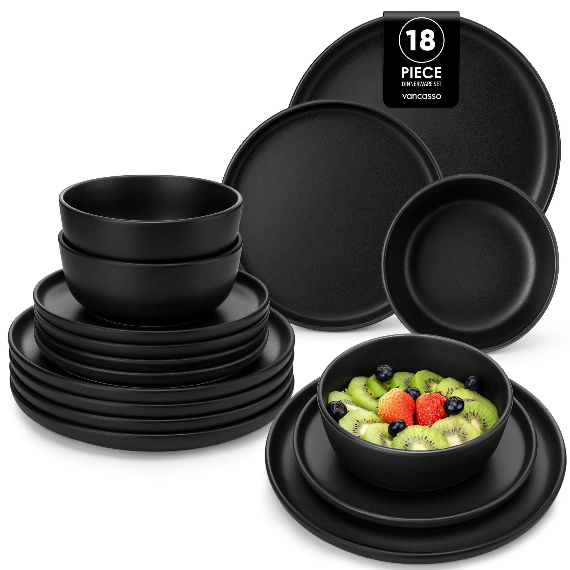 vancasso Black Plates and Bowls Set for 6, Stoneware Dinner Set 18 Piece, Elegant Dinnerware with Matte Glaze, Modern Style Playa Dinner Sets — image 1