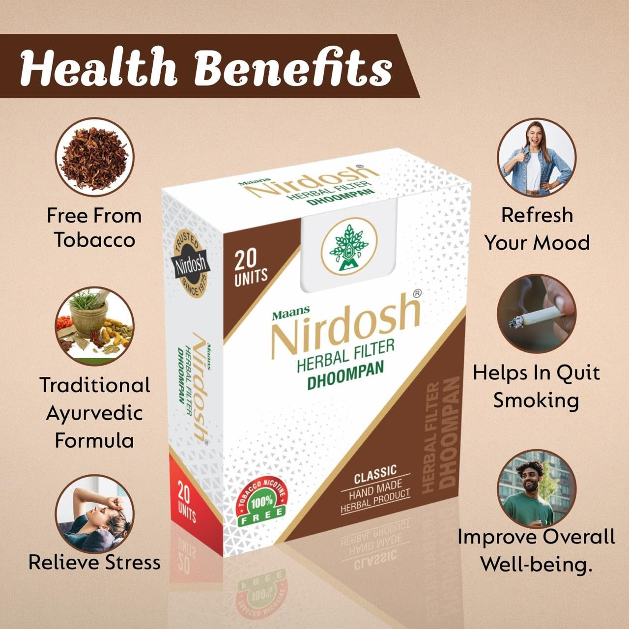 Nirdosh Herbal Filter Dhoompan for Quit Smoking, 20 Units (Pack of 10), 100% Tobacco & Nicotine Free with Classic Flavour, Bidi Sticks Rolled in Tendu Leaves, Non- Addictive Sticks 5 71kLPmbL7UL. SL1280