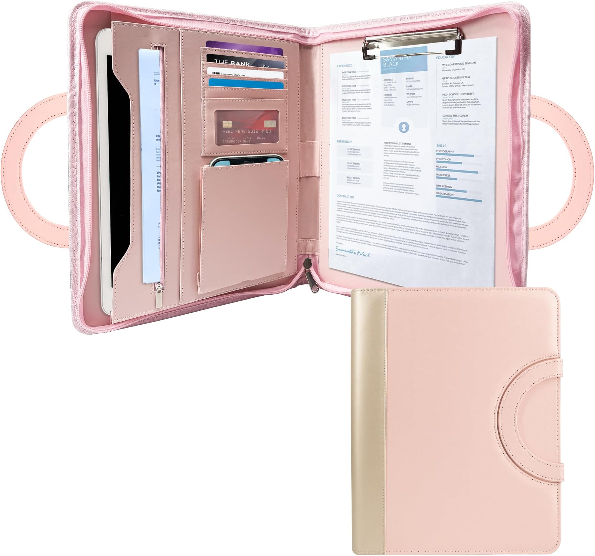 GraduatePro Conference Folder A4 Zipped Leather Clipboard Folder with Handle Portfolio Bag Business Document Waterproof Organizer Pink