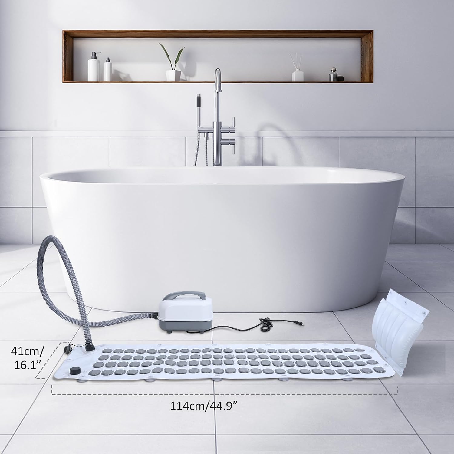 Portable Spa Bubble Bath Mat, Full Body Bubbling Non-Slip Bath Mat with Remote, Pillow & Electric Air Pump - Adjustable Bubble Settings for Bathtub Home Spa Relaxation (Normal Suction Cup)
