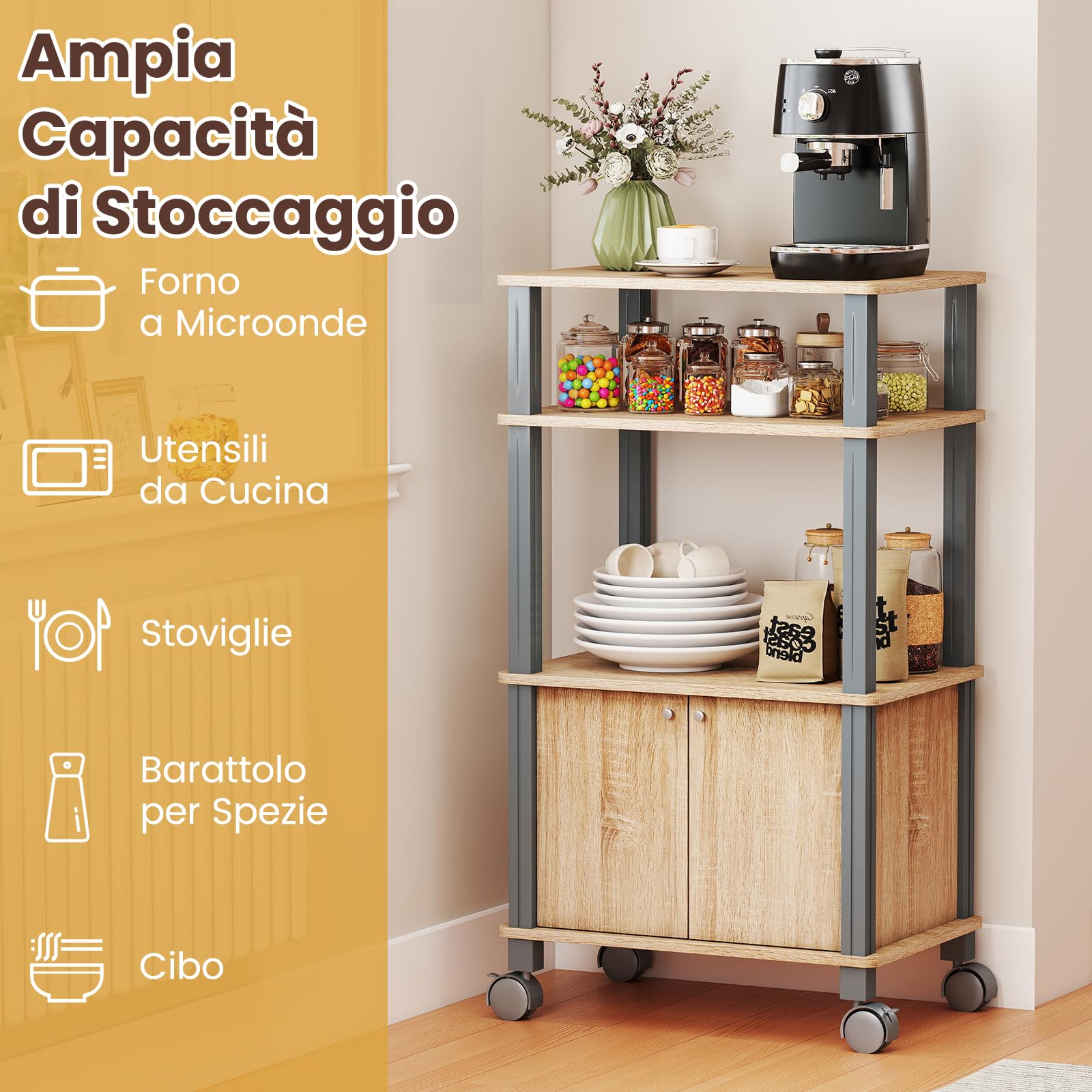 COSTWAY Scaffale da Cucina per Microonde Carrello da Cucina, con Ruote e 2 Ante, Multifunzionale e Movimento Flessibile, 60x40x98 cm (Naturale)