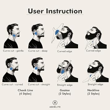 Aberlite Beard Shaper - Lineup Lineup Tool with Hairdresser Pencil (White) - Long Edges | Anti-Slip - The Ultimate Beard Shaping Tool (Blue)
