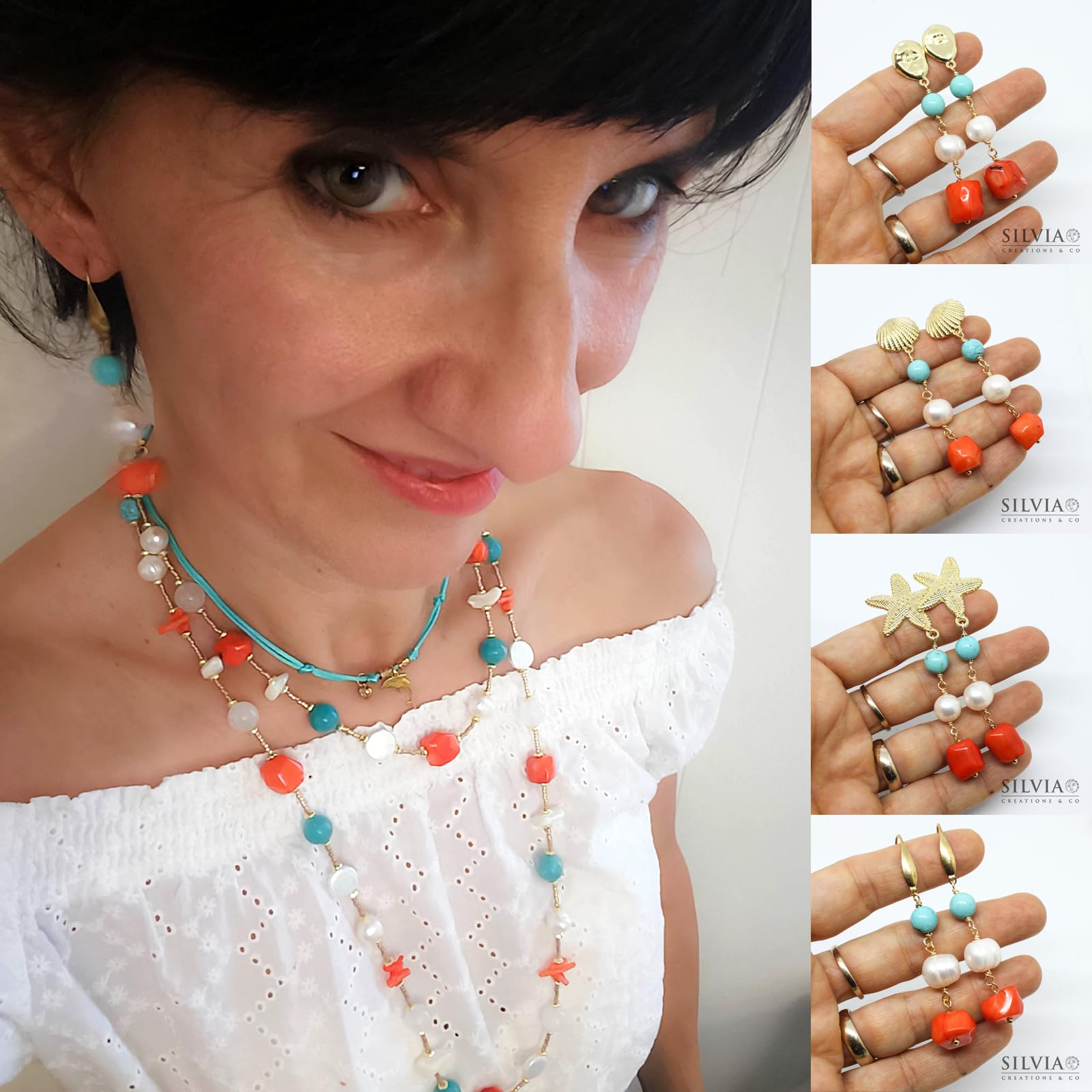 Collana Sandra Lunga Estiva da Donna Perle Turchese Corallo