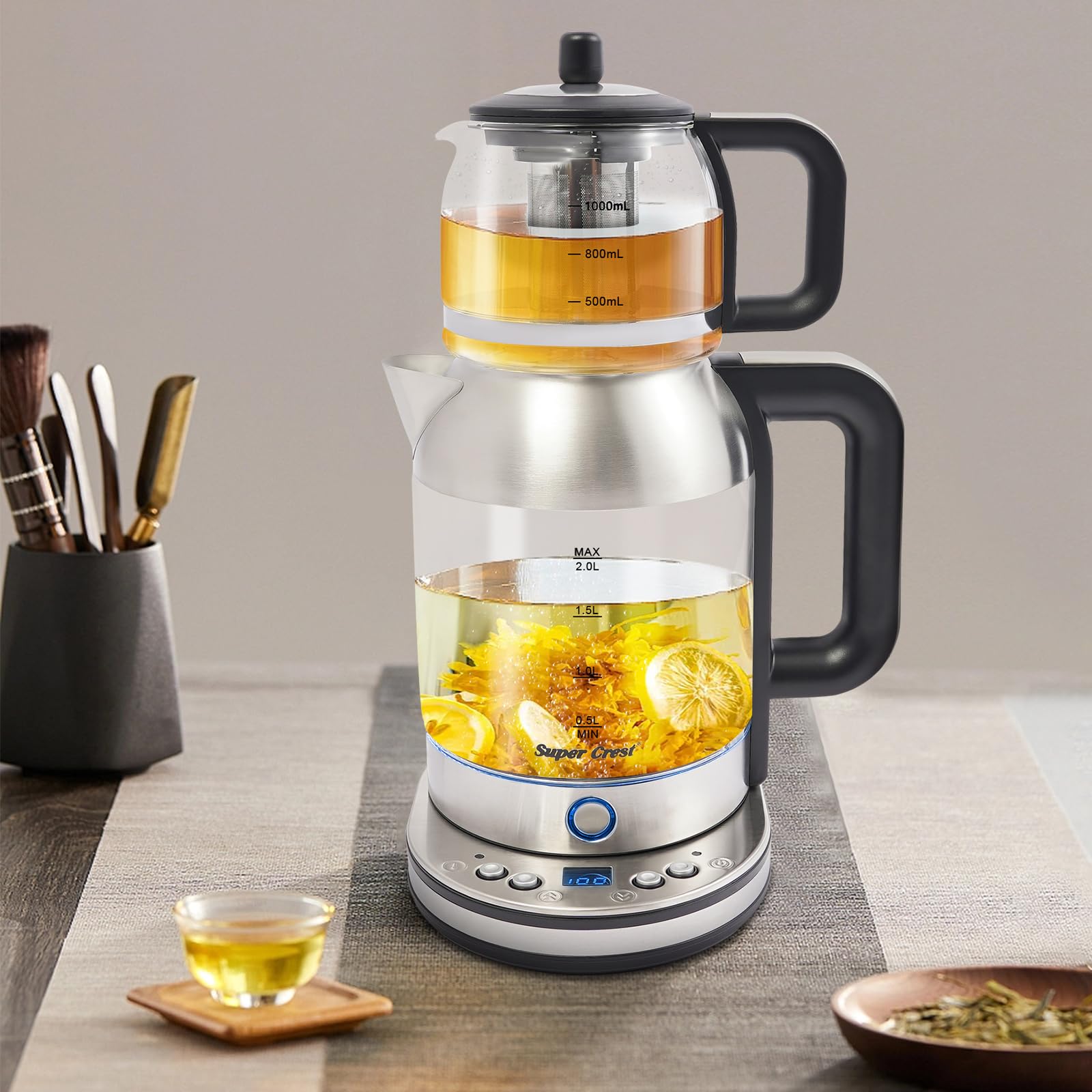 Máquina De Té Turco,Hervidor Eléctrico Doble 2,5 L Con Tetera De Vidrio 1l 2000w Ajuste De Temperación Y Función De Mantenimiento Caliente,Para Familia Y Aficionado Del Té