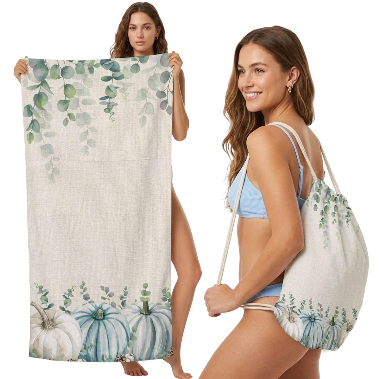 2-in-1 Beach Towel Backpack,Farm Thanksgiving Pumpkins Eucalyptus Leaf Bath Towel with Built-in Storage Retro Burlap Convertible Foldable Beach Blanket for Travel Pool Gym Camping Swim,31x63in