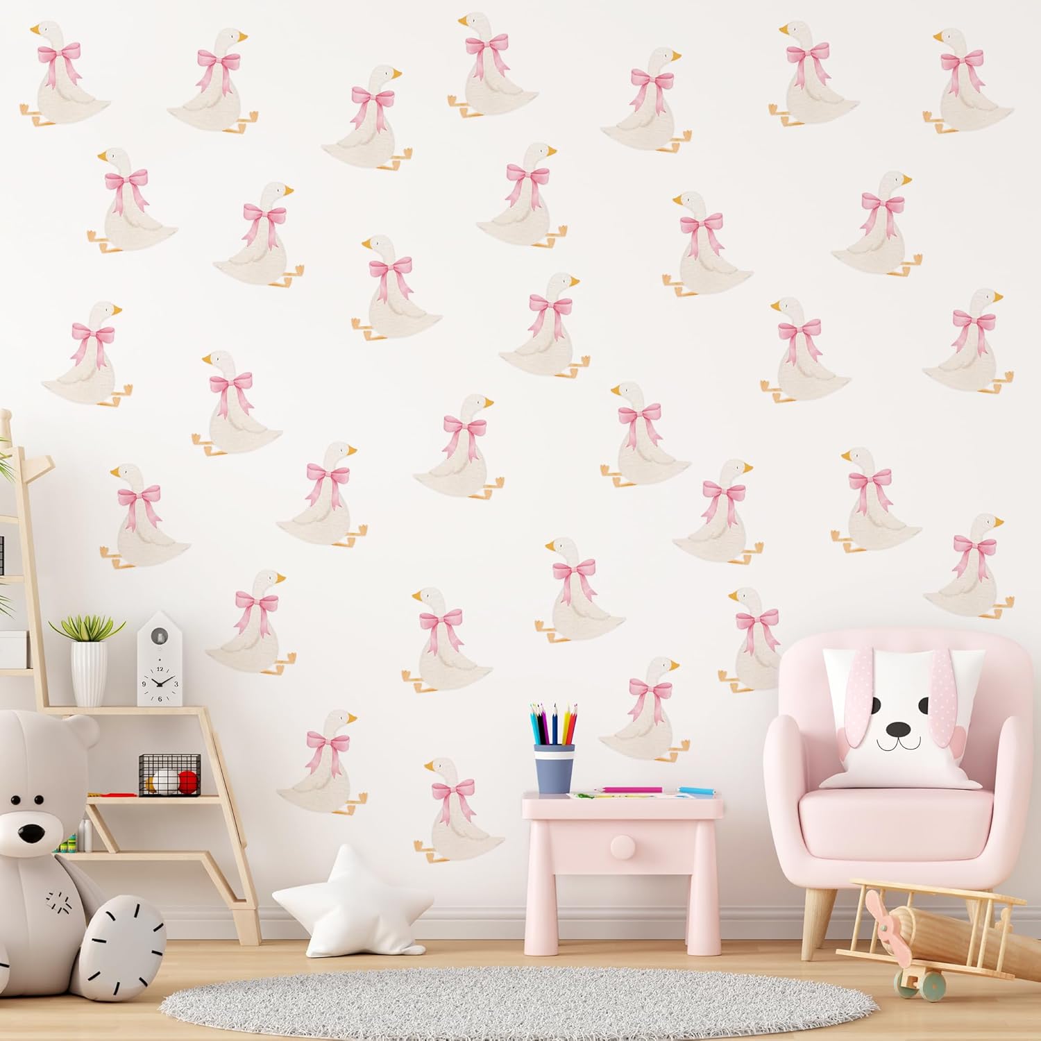 Goose Wall Art Sticker - 80pcs Watercolor Pink Bow Goose Wall Decals Print for Home Bedroom Playroom Decoration, Removable Vinyl Cute Animal Geese Stickers for Baby Shower Nursery Kindergarten
