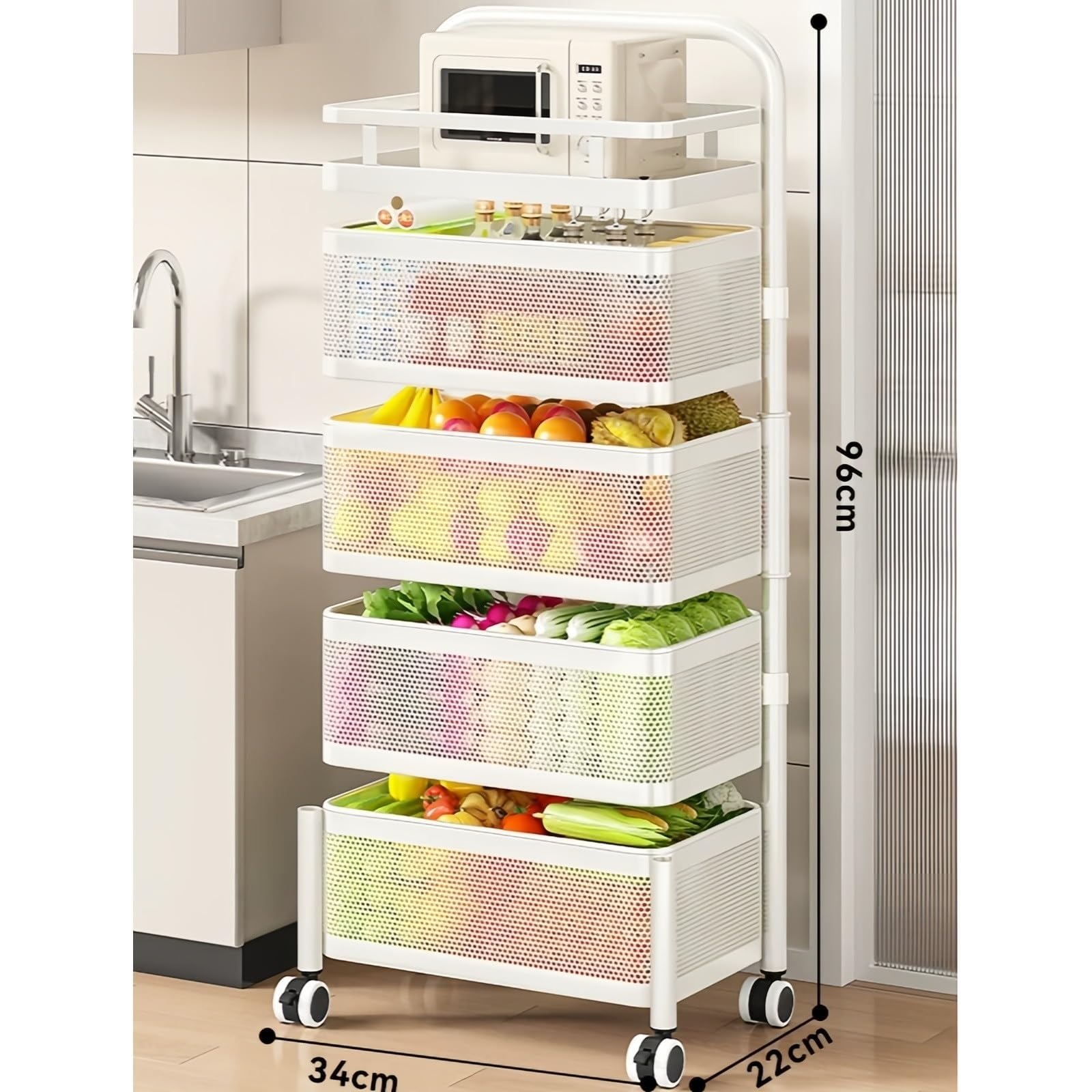 Carro rodante Carro de Cocina Giratorio con Ruedas, Estante Almacenamiento Espacio Delgado cestas Productos(Blanco,Grande)