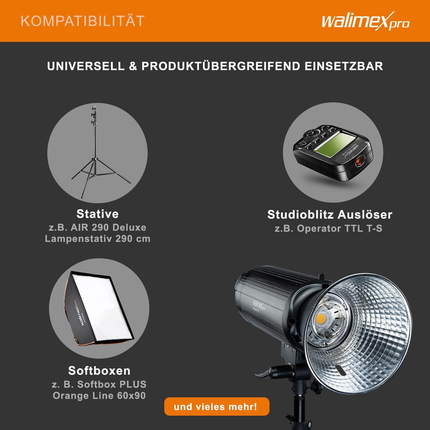 Examples of compatible accessories for the Walimex pro Stager 400 HSS Studio Flash, including stands, triggers, and softboxes.