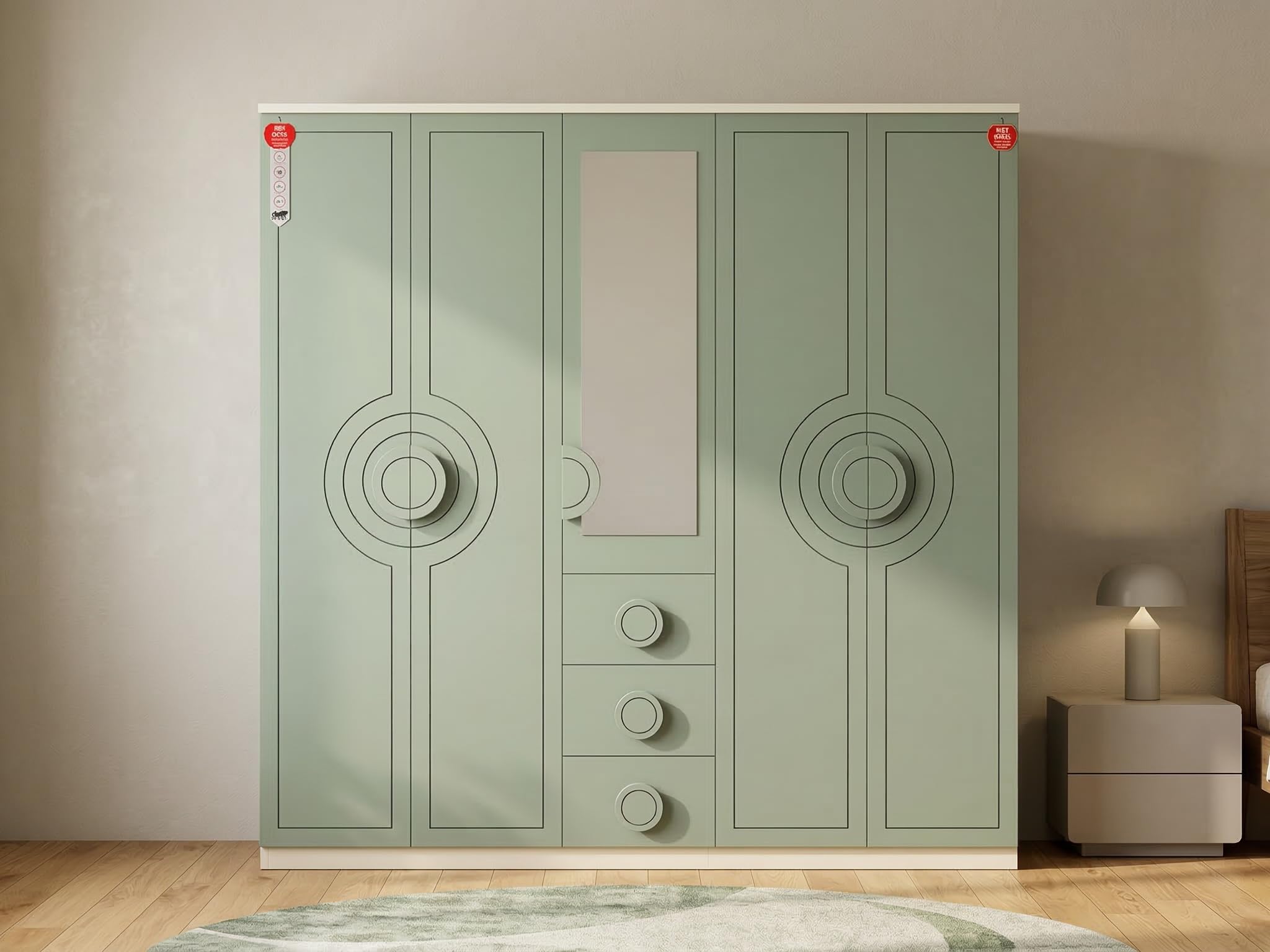 China Rose 5 Door Wardrobe with Mirror & Drawers | Engineered Wood Bedroom Wardrobe | 6.5 x 6.5 ft | Modern Storage Cabinet-image-39