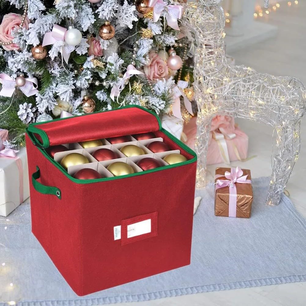 Aufbewahrungsbox für Weihnachtskugeln mit 64 Gitterabschnitten und Trennwänden, Reißverschluss, um Ornamente sicher zu halten, faltbar und leicht zu tragen, mit seitlichen Griffen (rot)