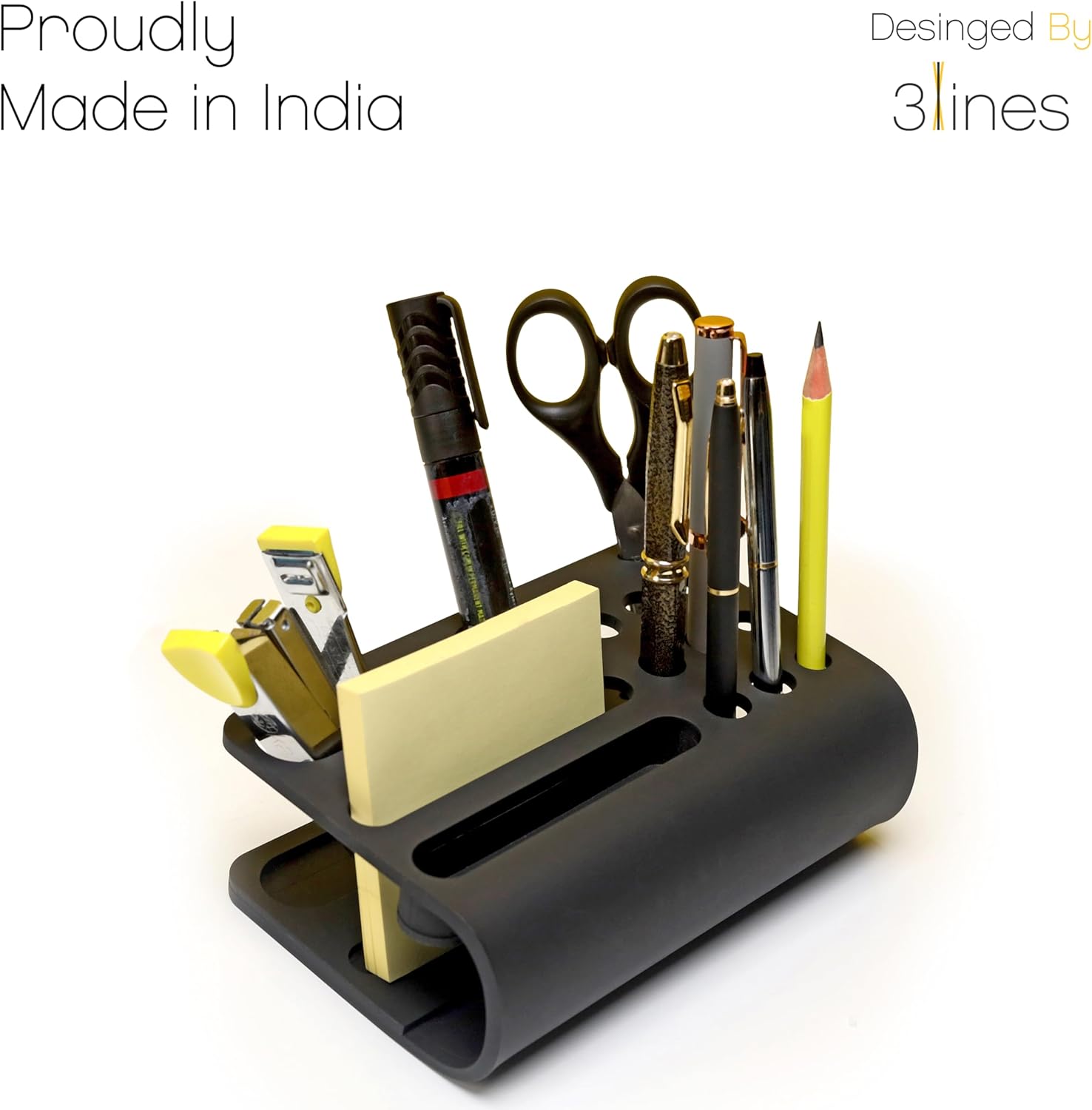 3 Lines Acrylic Tiny Twist Pen and Pencil Stationary Storage | Phone Stand | Mini Desk Organizer | Individual compartment for all the stationary | Home and Office Accessories | Black