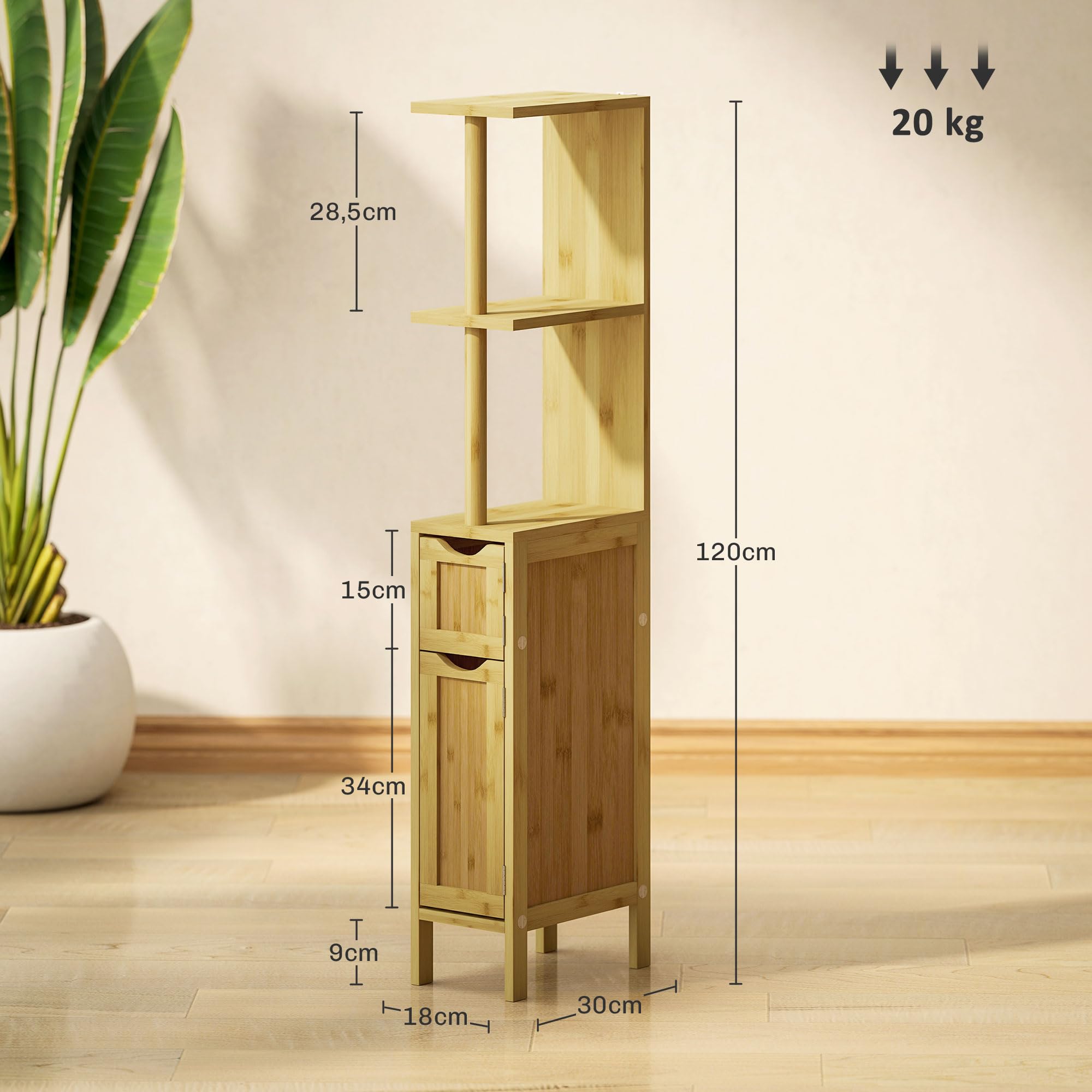 HOMCOM Colonne de Salle de Bain, Meuble de Salle de Bain, avec 2 étagères Ouvertes, 2 placards à Portes magnétiques, en Bambou, Bois Naturel