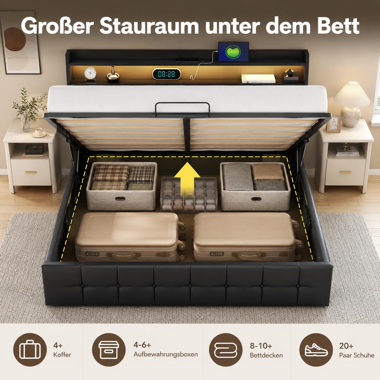 PerGar Polsterbett Doppelbett 140x200 mit LED Beleuchtung und Ladefunktion, Hydraulisches Stauraumbett mit Kopfteil, Jugendbett Betten mit Lattenrost und Bettkasten, PU, Ohne Matratze, Schwarz
