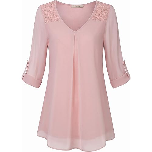 Bebonnie Womens Roll-Up 3/4 Sleeve Top Casual V Neck Layered Chiffon Lace Blouses
