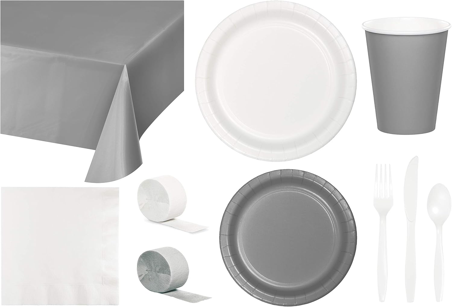 Baxters Party Bundle Bulk, Tableware for 24 People Silver and White, 2 Size Plates Napkins, Paper Cups Tablecovers and Cutlery, Box of 199