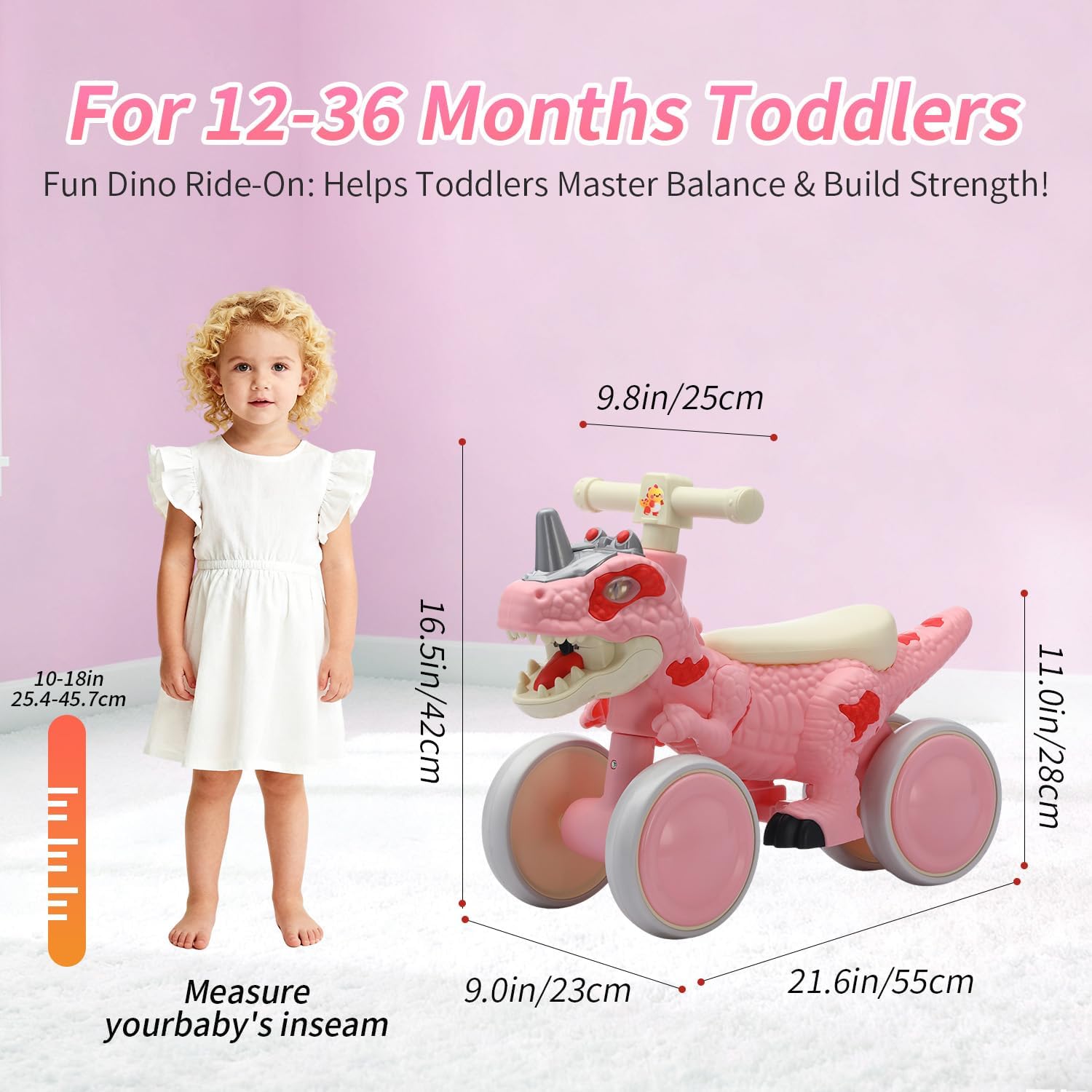 Dinosaur Balance Bike for 1-3 Year Olds, 4-Wheel No-Pedal Bike for Walker, Ride on Toys for Toddlers with Music and Mist Spray, First Birthday Gift for Boys & Girls (Pink)