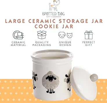SPOTTED DOG GIFT COMPANY Cookie Jar, Ceramic Biscuit Barrel, Cute Kitchen Canister Food Storage Container, Animal Themed Home Kitchen Decor Accessories, Gifts for Sheep Lovers, 2.25L