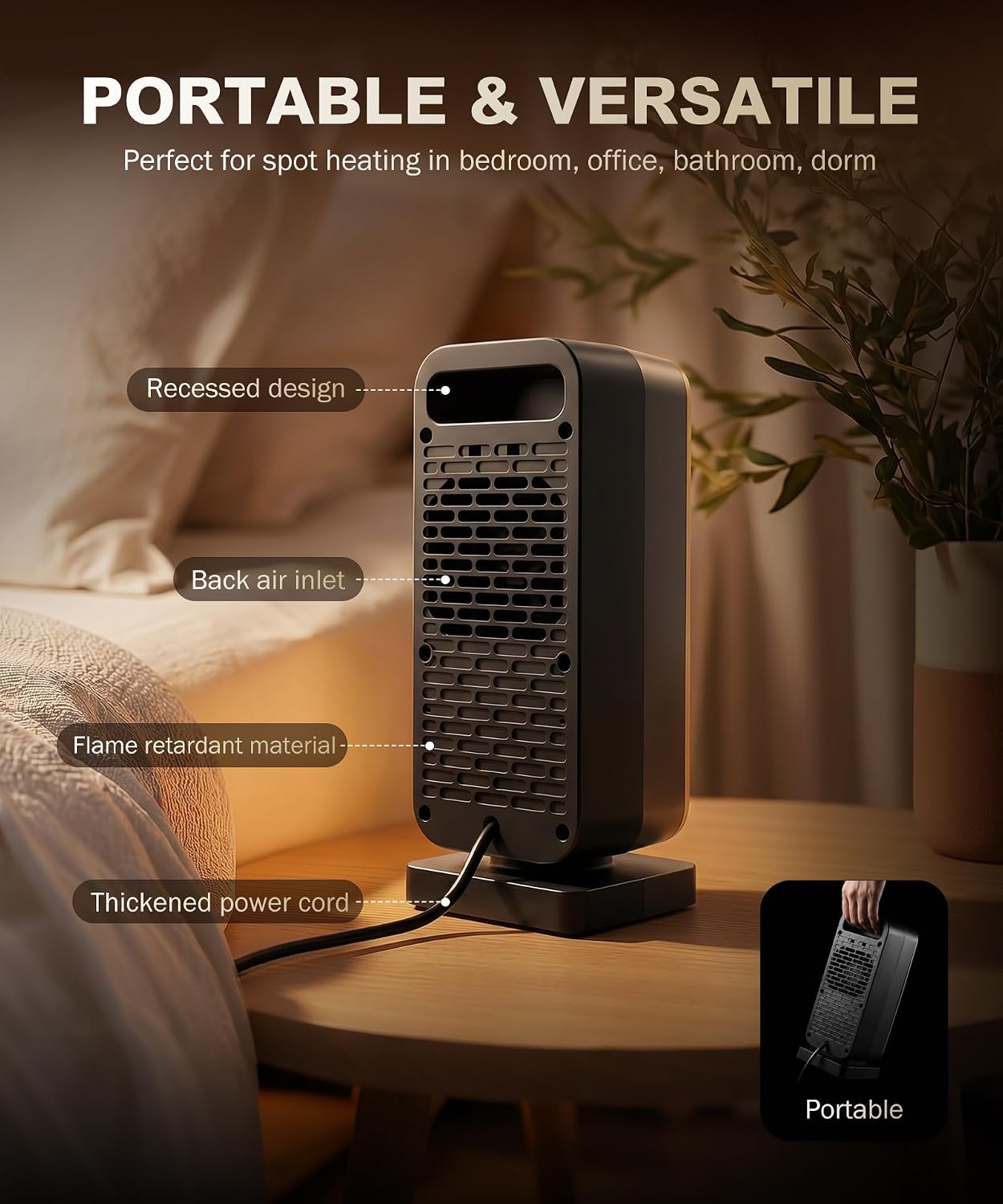 500W PTC Ceramic Desk Heater, Fast 3-Second Heating, Quiet Portable Personal Heater with Tip-Over and Overheat Protection for Office, Bedroom, Home, 110V