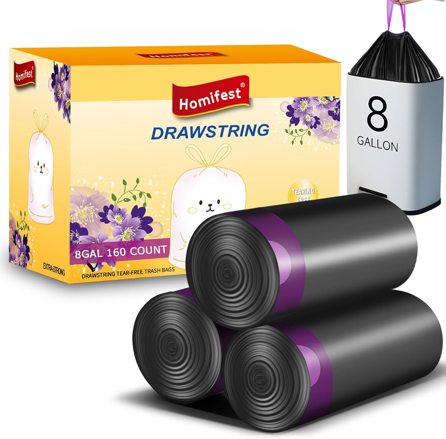 8 Gallon Drawstring Trash Bags, 30 Liter Black Garbage Bags,160 Count
