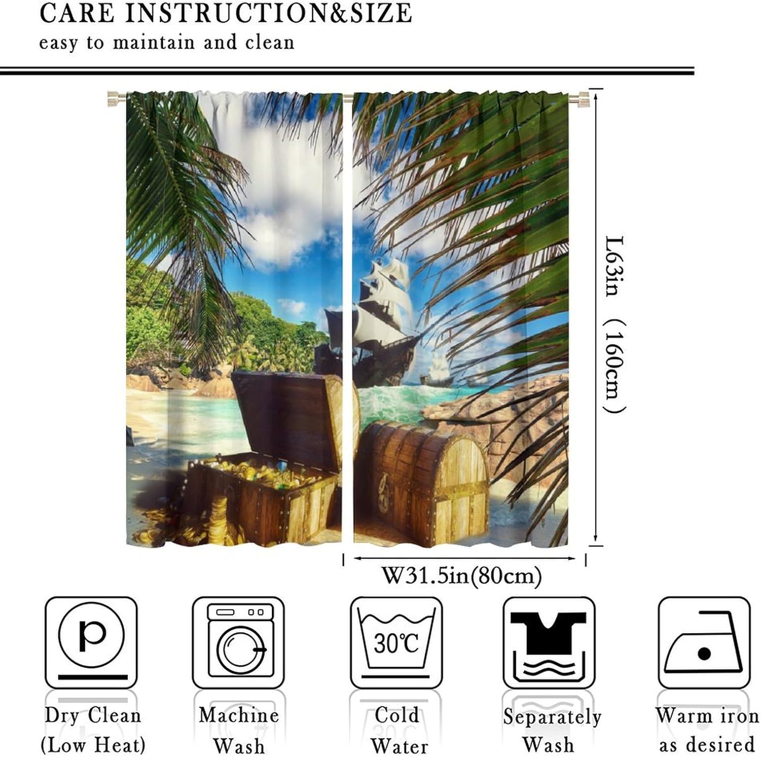 Brebasf Watercolor Pirate Ship Treasure Blackout Curtains Rustic Tropical Beach Coastal Palm Leaf Nautical Sailing Ship Window Thermal Insulated Darkening Rod Pocket Curtains 2 Panels 63" L x 31.5" W