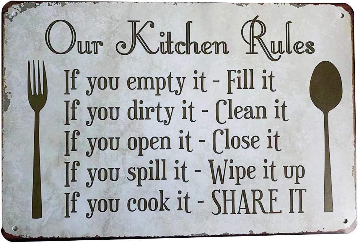 Kitchen Rules Plaque Wall Decor Rustic Metal Tin Signs Posters Farmhouse Kitchen Rules Tin Sign 12X8-Inch