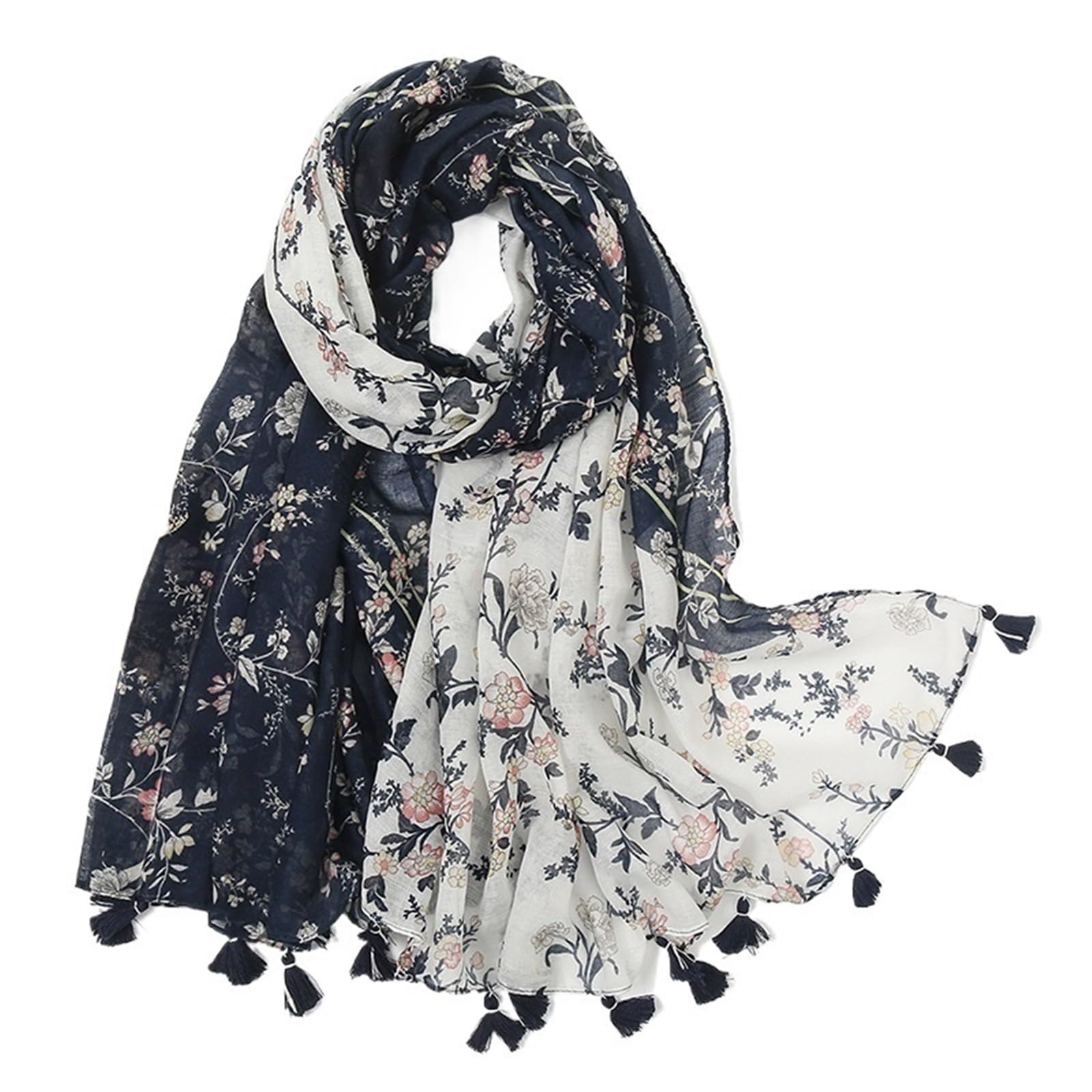 Sciarpa di Primavera 2 Pezzi Sciarpa da Donna in Cotone e Lino con Stampa Floreale e Nappe, Sciarpa Primaverile Vintage, 180 * 90 cm