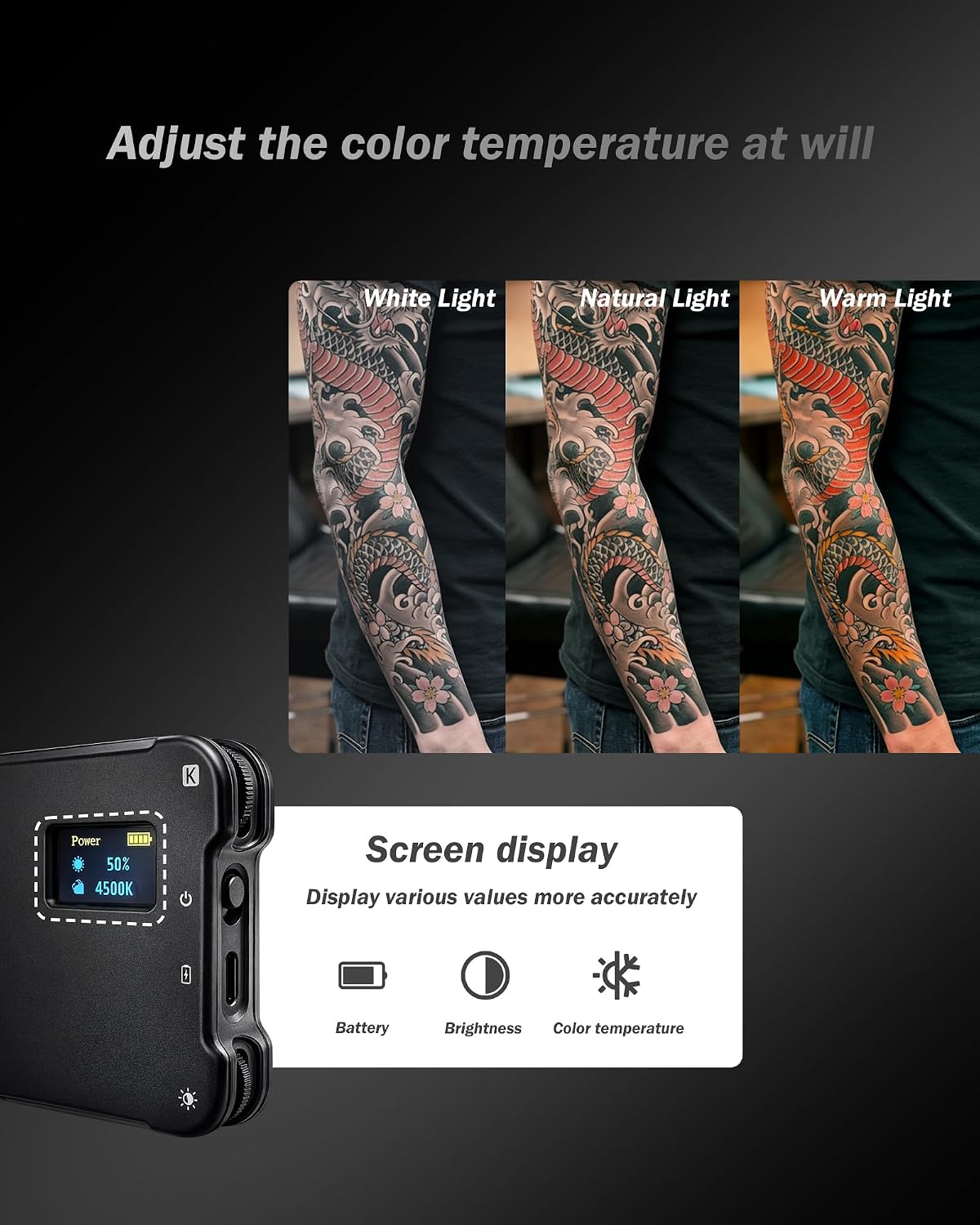 INKSOUL Tattoo Light Kit Tattoo Equipment and Supplies Tattoo Photography Video Lights Anti-2.0 Glare Kit 180 LED Beads（10W） with Clip on CPL Filter/Tripod Stand/Phone Holder for Taking Tattoo Photos