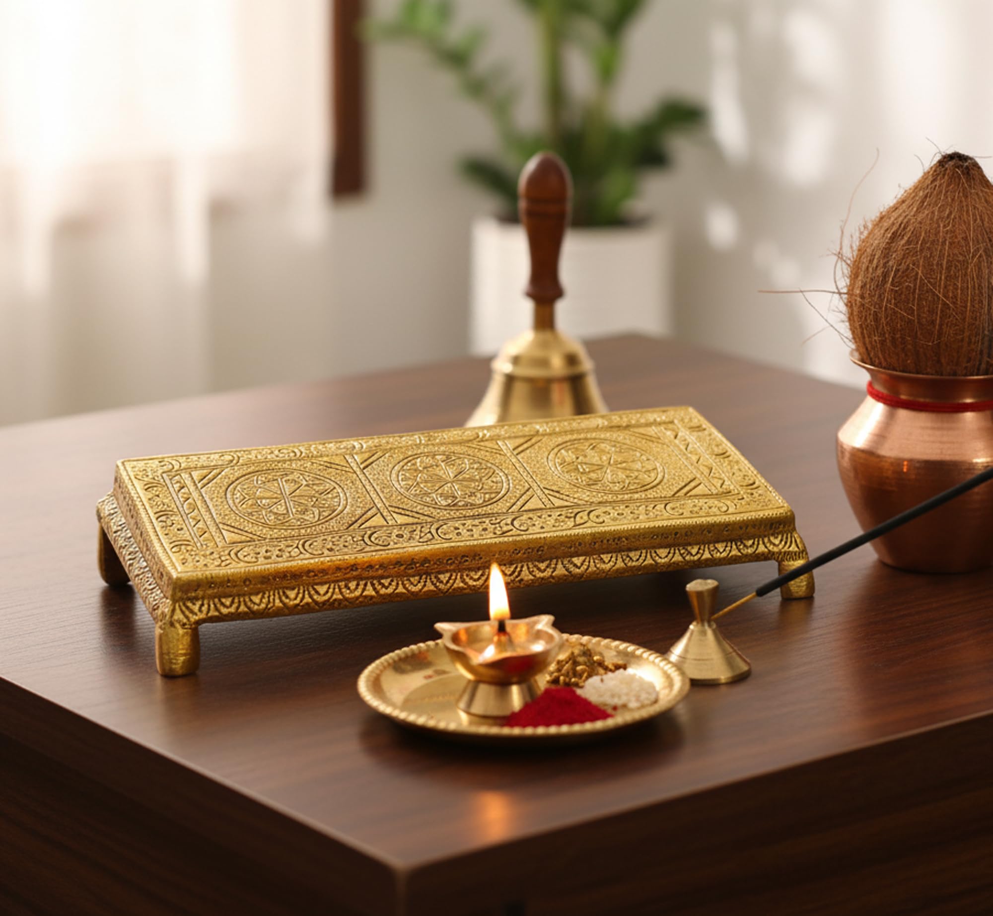 Sponsored Ad – ESPLANADE Brass Engraved Pooja Chowki Antique Peetha Peeta God's Stool - Puja Articles - Golden - 8.5" Inches