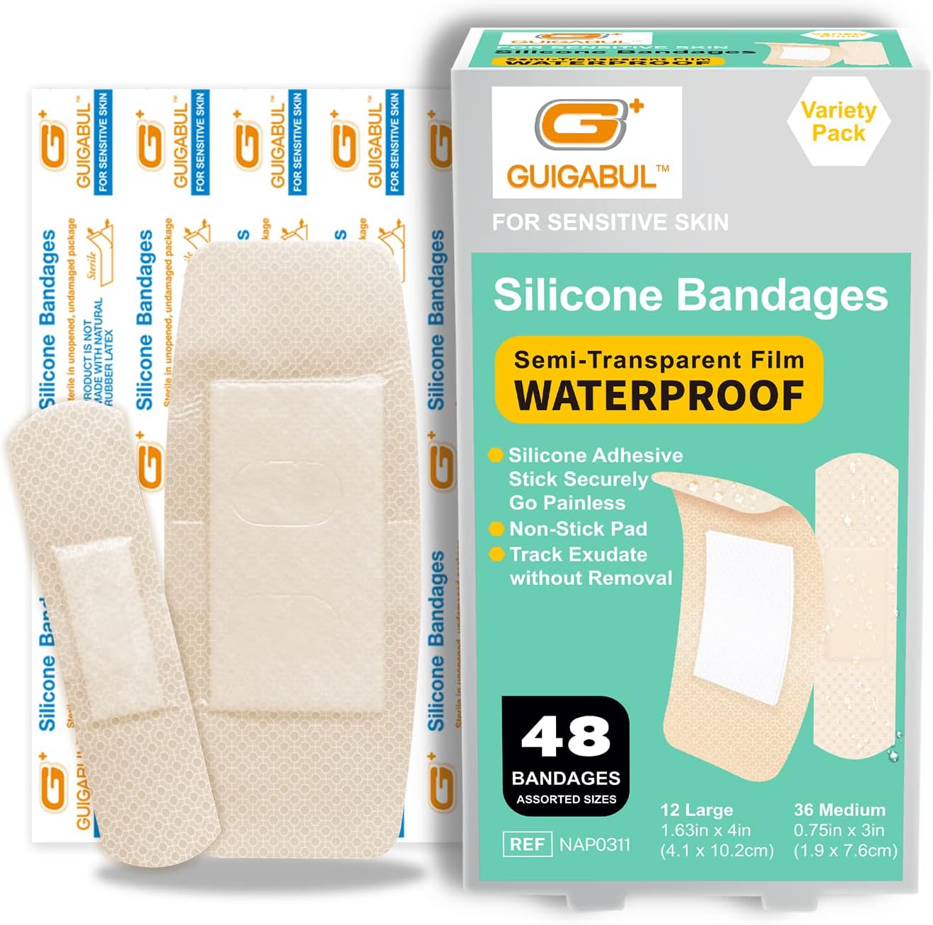 Waterproof Silicone Adhesive Bandages for Sensitive Skin, Painless Removal, Hypoallergenic Latex Free, 0.75"x3" (36 Counts) and 1.63"x4" (12 Counts)