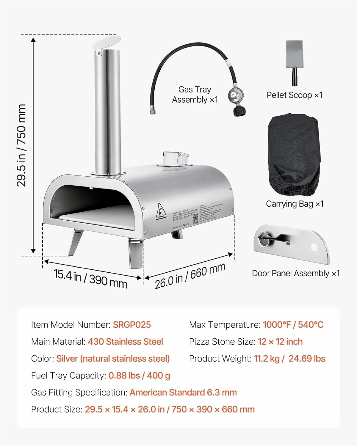 12" Portable Pellet/Gas - Dual Fuel, Camping Oven - 90 Second Pizza, 1000°F - Outdoor Cooking