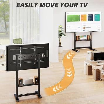 Heavy Duty Rolling TV Stand for 55-100 inch TVs up to 200 lbs | Tall Height Adjustable TV Stand with Large Storage Shelf and Hidden Wheels for Bedroom, Conference Room, Black