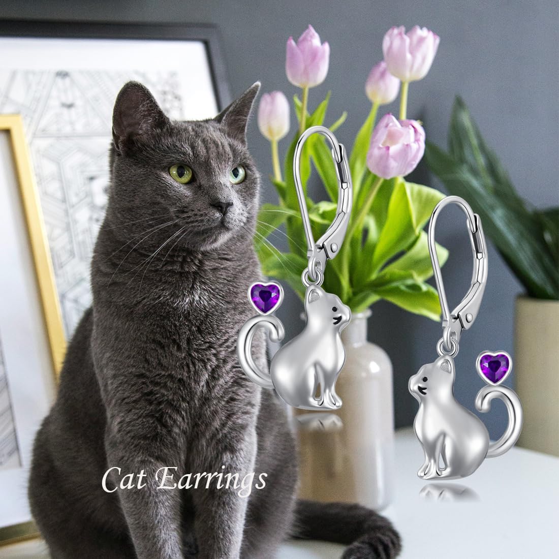 LONAGO Cat Earrings for Women 925 Sterling Silver Cute Cat with Red Heart Dangle Earrings - Image 2