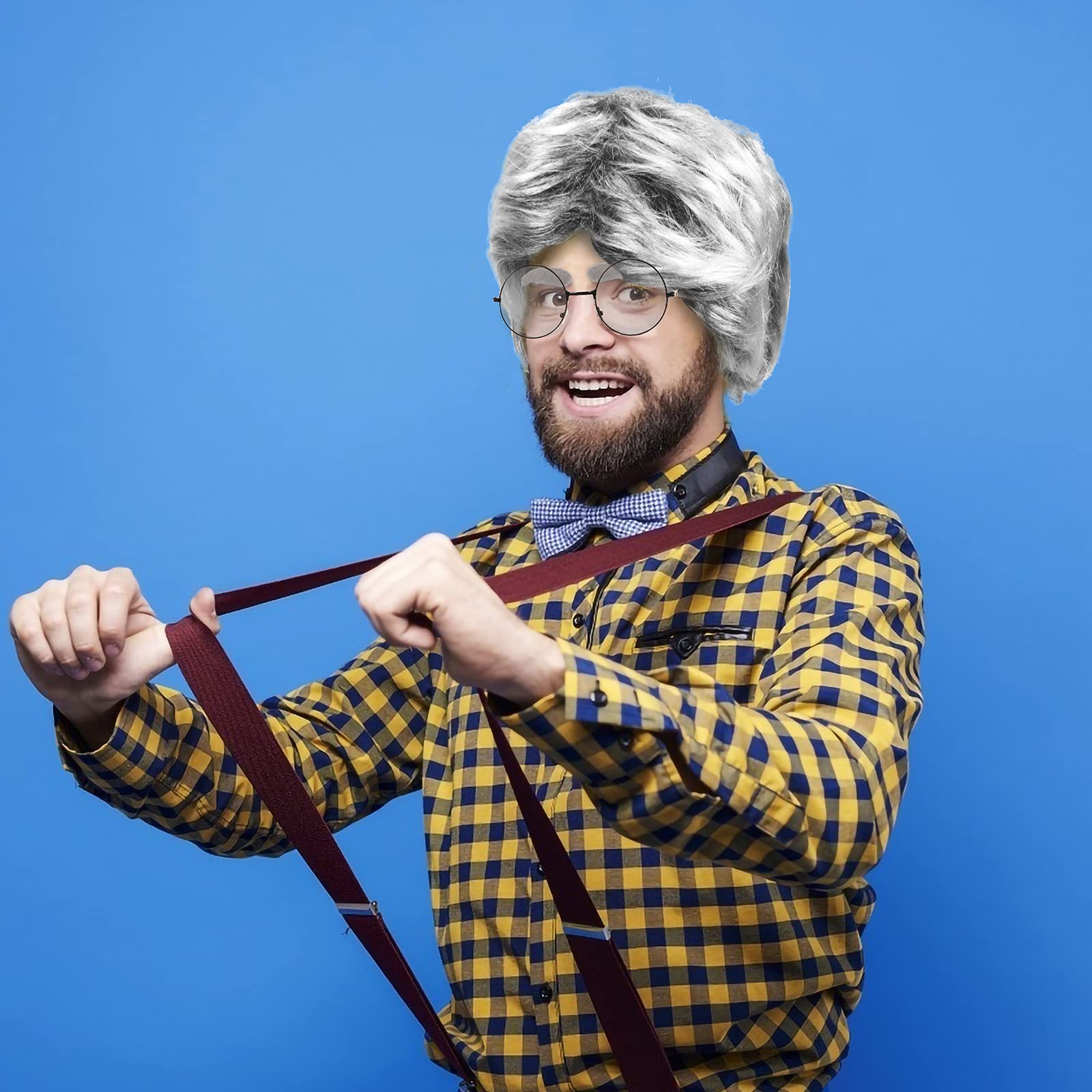 Set Costume Nonno - Parrucca Bianca Calva Con Baffi E Sopracciglia | Travestimento Per Feste E Halloween - Foto 12