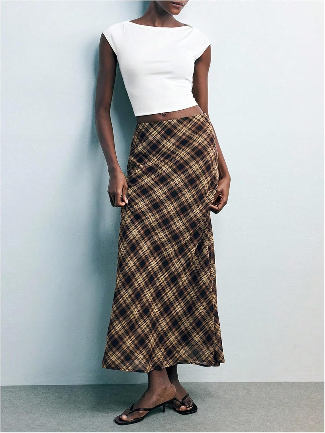 MakeMeChic Women's Plaid Maxi Skirt Gingham High Waist Flowy Vintage Long Skirts