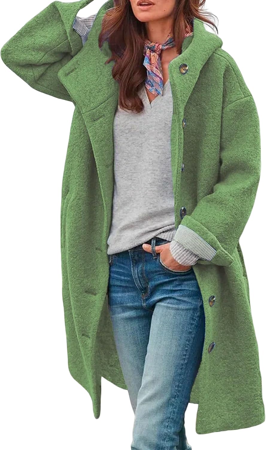 Akivide Women’s Winter Warm Woolen Long Hooded Coat Fleece Oversized Button Down Casual Shearling Pea Coat with Pockets Akivide Women’s Winter Warm Woolen Long Hooded Coat Fleece Oversized Button Down Casual Shearling Pea Coat with Pockets