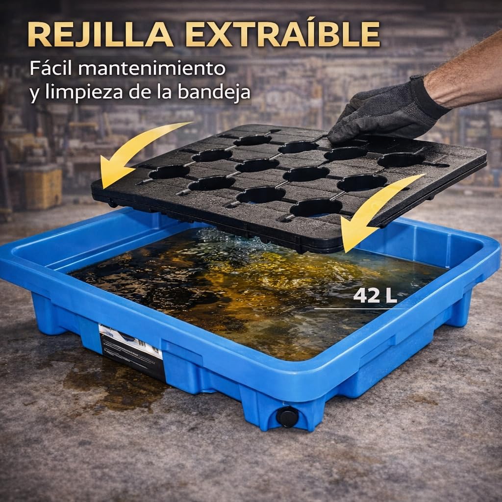Bandeja Recogegotas 42 litros con Rejilla – Cubeta Antiderrames de Polietileno Resistente a Químicos y UV – Plataforma de Retención para Bidones, Taller, Almacén e Industria – 300 kg Carga