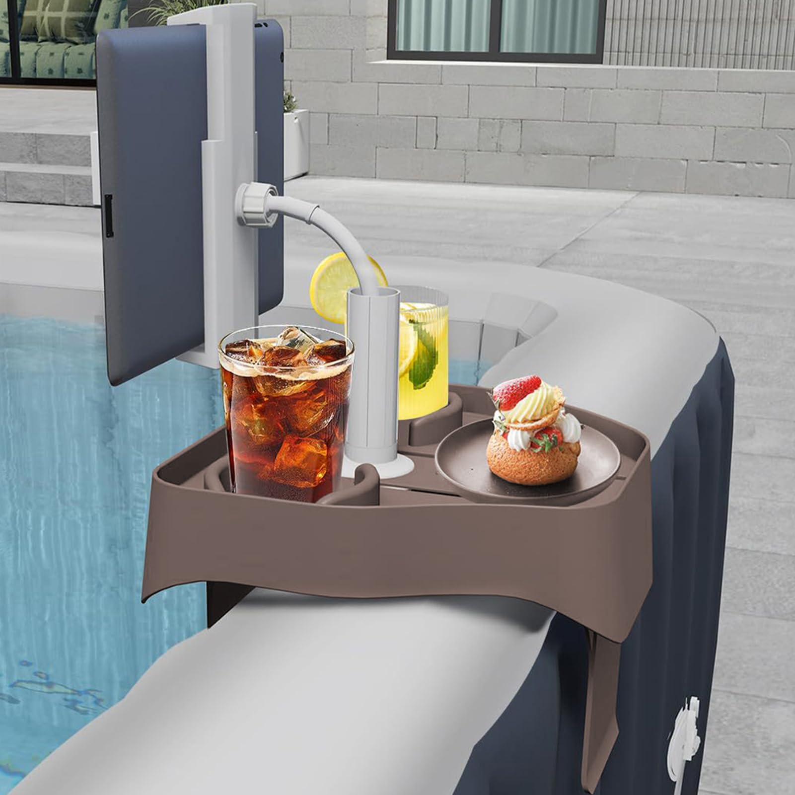Bandeja flotante multifuncional para bebidas con 2 portavasos, ajustable, antideslizante, para piscina y bañera, almacenamiento perfecto para bebidas y aperitivos
